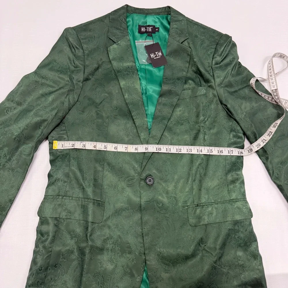 Hi-Tie Mens Emerald Green Paisley Jacquard Blazer Single Button Suit Jacket S